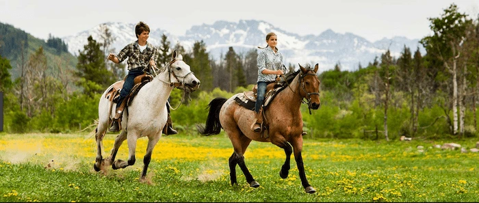 Confident plus-size woman riding Wootton Bassett a horse through a field with a smile on her face.